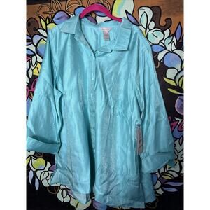 Multiples Shimmer Button Down Shirt, Blue, 1X